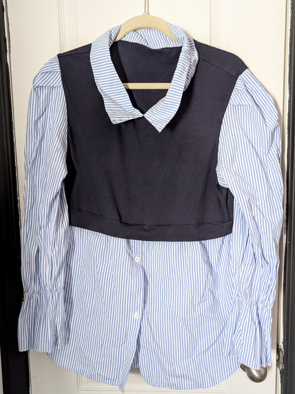 Striped Blue & White Button-Down Shirt with Navy Vest Layer